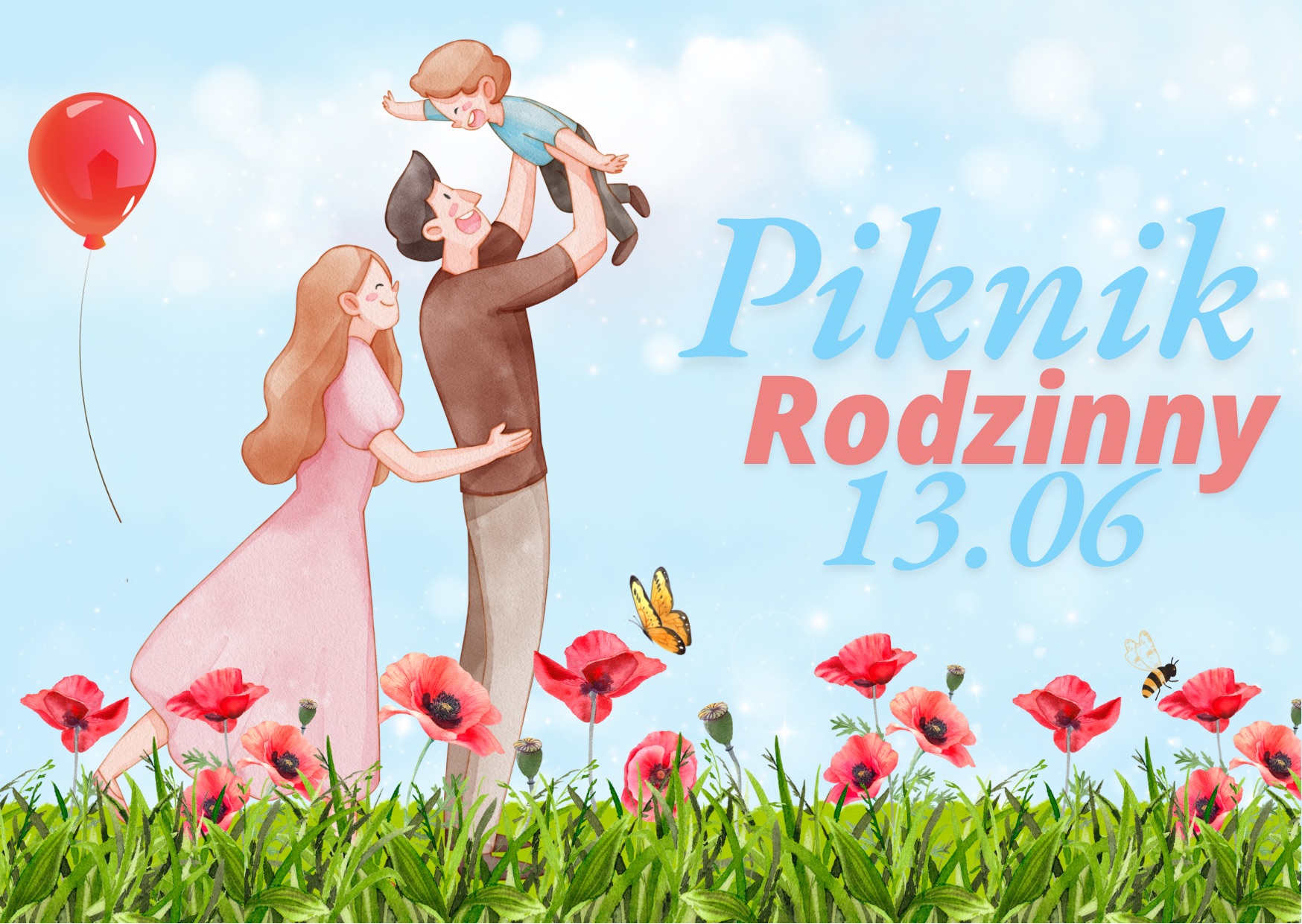 Kolorowa grafika przedstawiająca rodzinę na łące pełnej maków i napis „Piknik Rodzinny - 13.06”.
