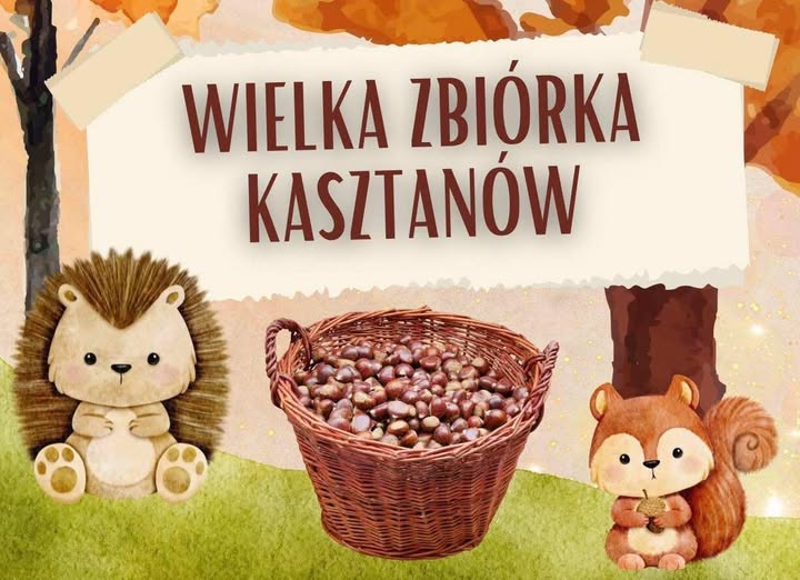 Kolorowy plakat z jeżem, wiewiórką i napisem "Wielka zbiórka kasztanów"