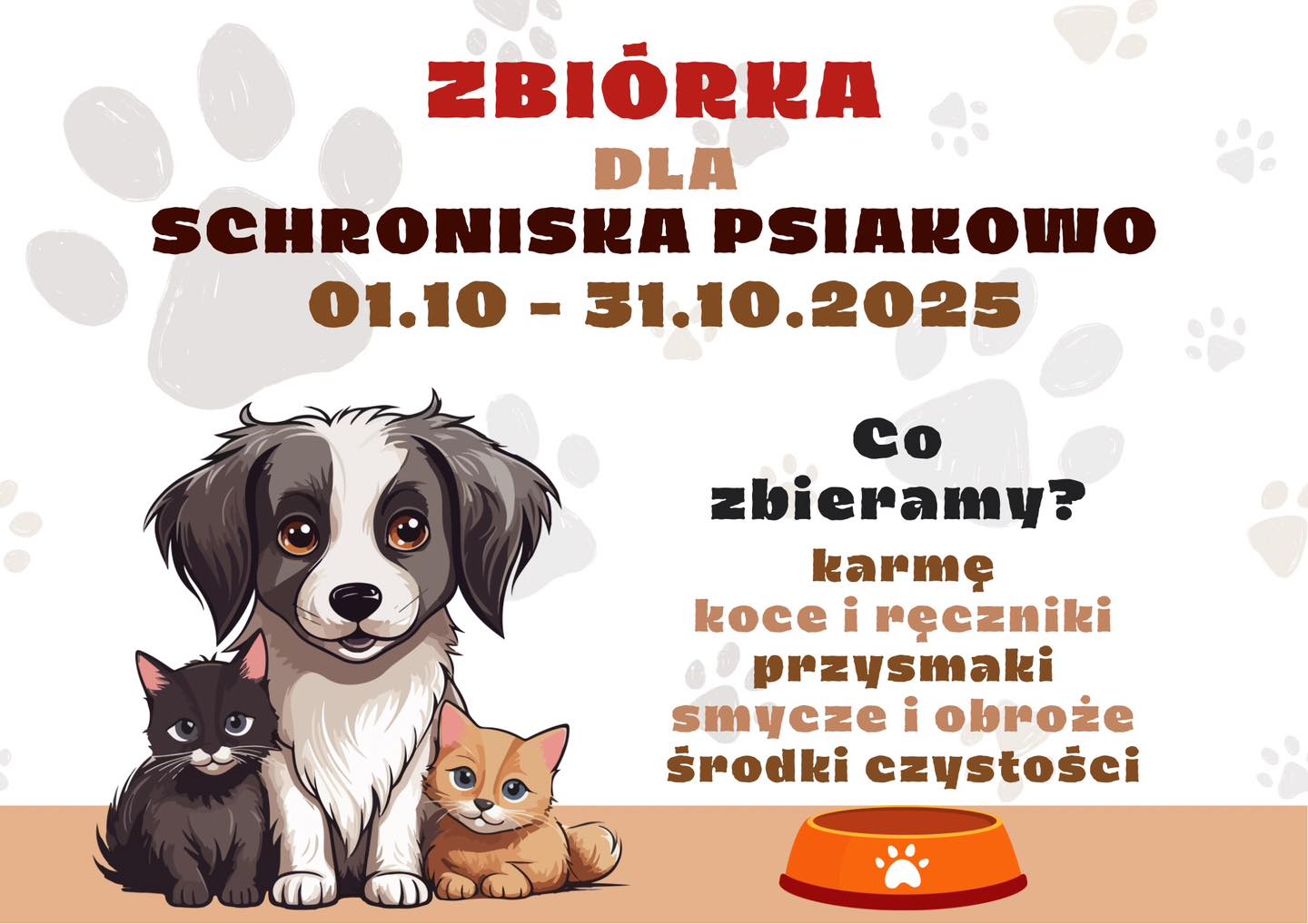 Plakat informujący o zbiórce karmy dla schroniska.