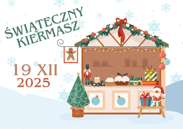 Kolorowa grafika przedstawiająca świąteczny kramik wraz z napisem "Świąteczny Kiermasz" i datą - 19 XII 2025 r.