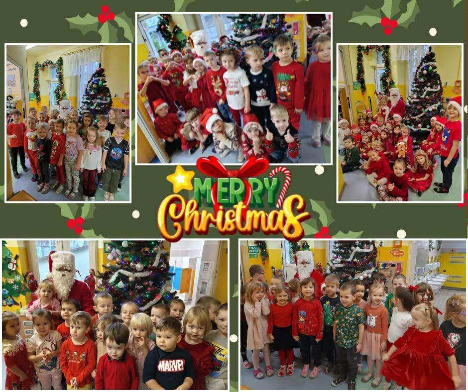 oczekiwania. Kolorowa poczt&oacute;wka składająca się z pięciu zdjęć, przedstawiających dzieci pozujące do fotografii z Mikołajem na tle choinki. Pośrodku poczt&oacute;wki znajduje się duży napis: &bdquo;Merry Christmas&rdquo;.
