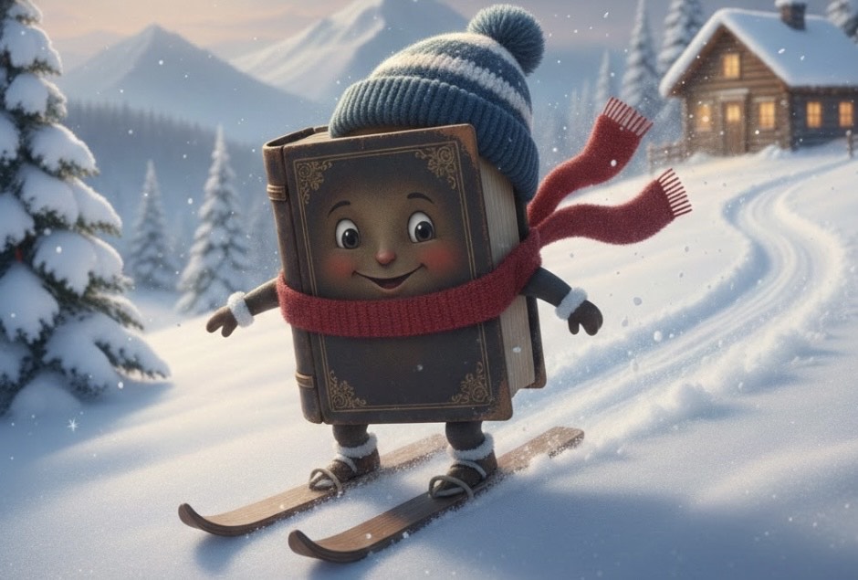 Kolorowa grafika przedstawiająca książkę zjeżdżającą zimą na nartach.