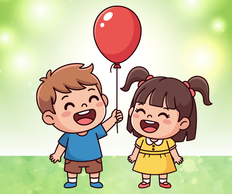 Kolorowa grafika przedstawiająca dwoje dzieci (chłopca i dziewczynkę) oraz czerwony balonik.