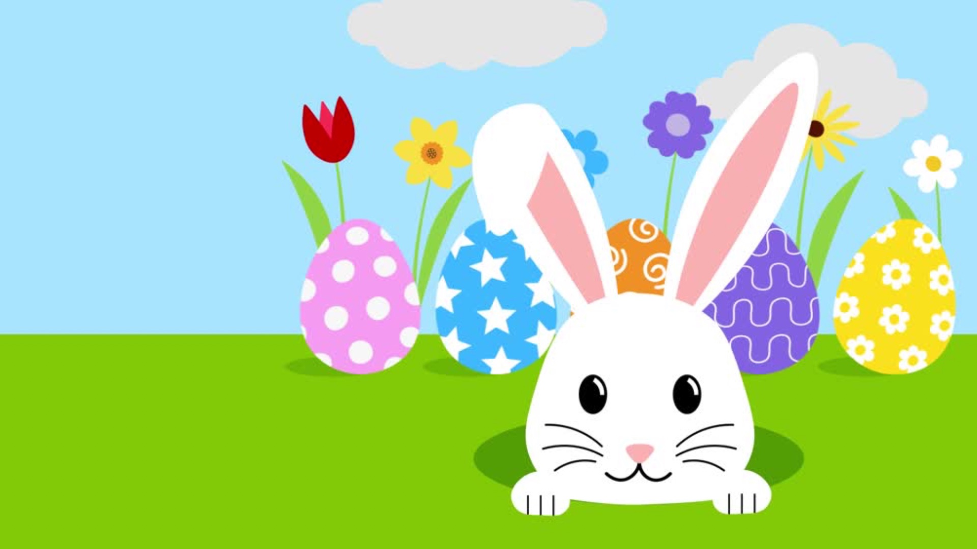 Kolorowa grafika przedstawiająca zajączka wielkanocnego i pisanki.