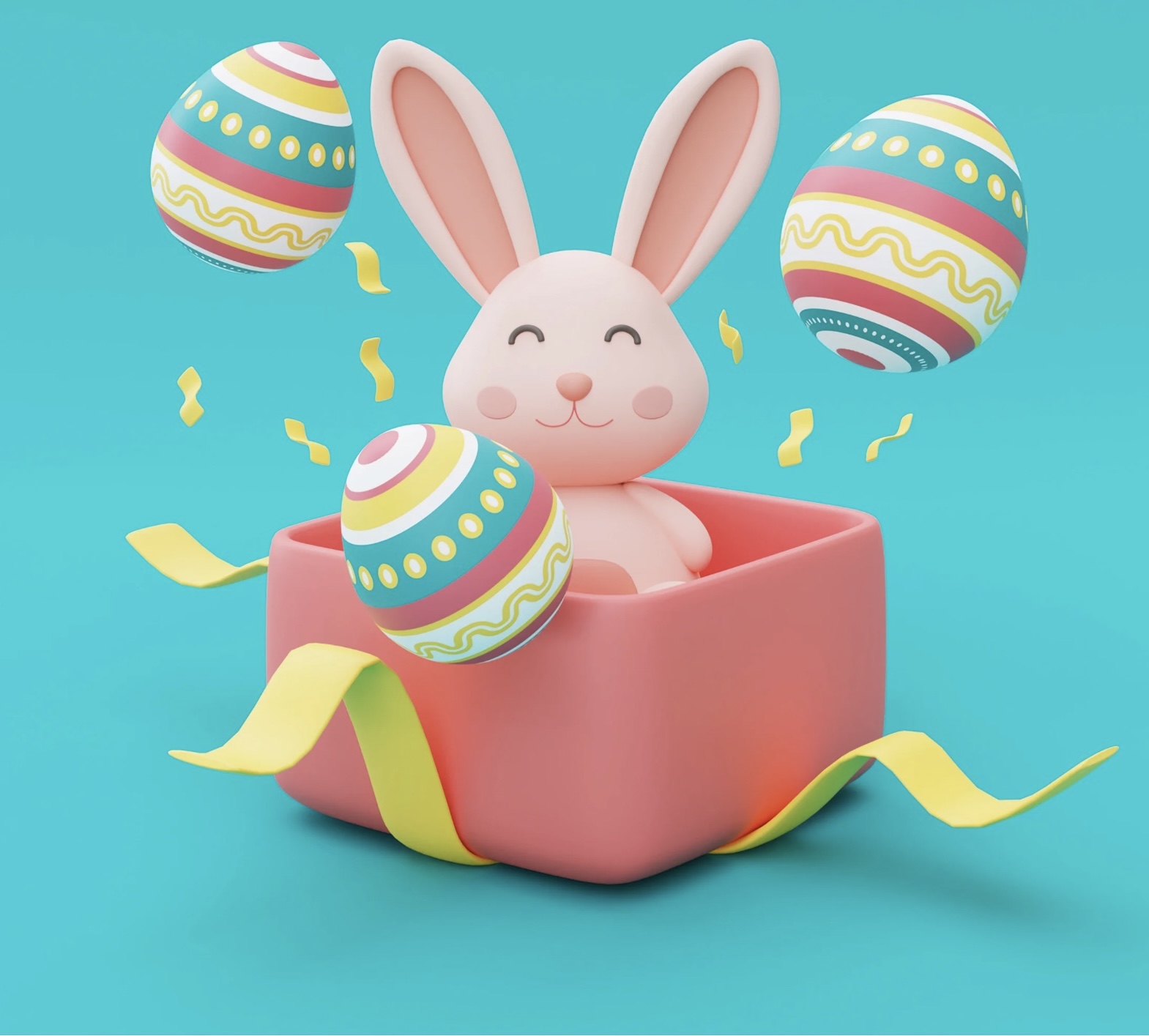 Kolorowy zajączek w pudełku wraz z pisankami.