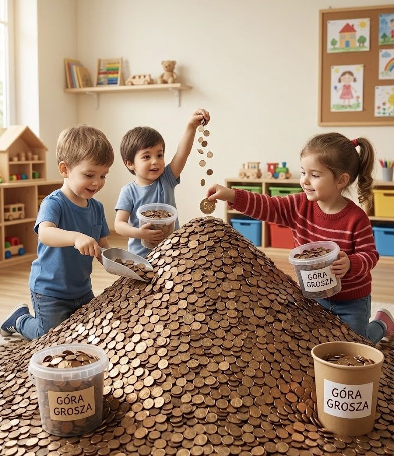 Dzieci dorzucające monety na wielką stertę groszy.