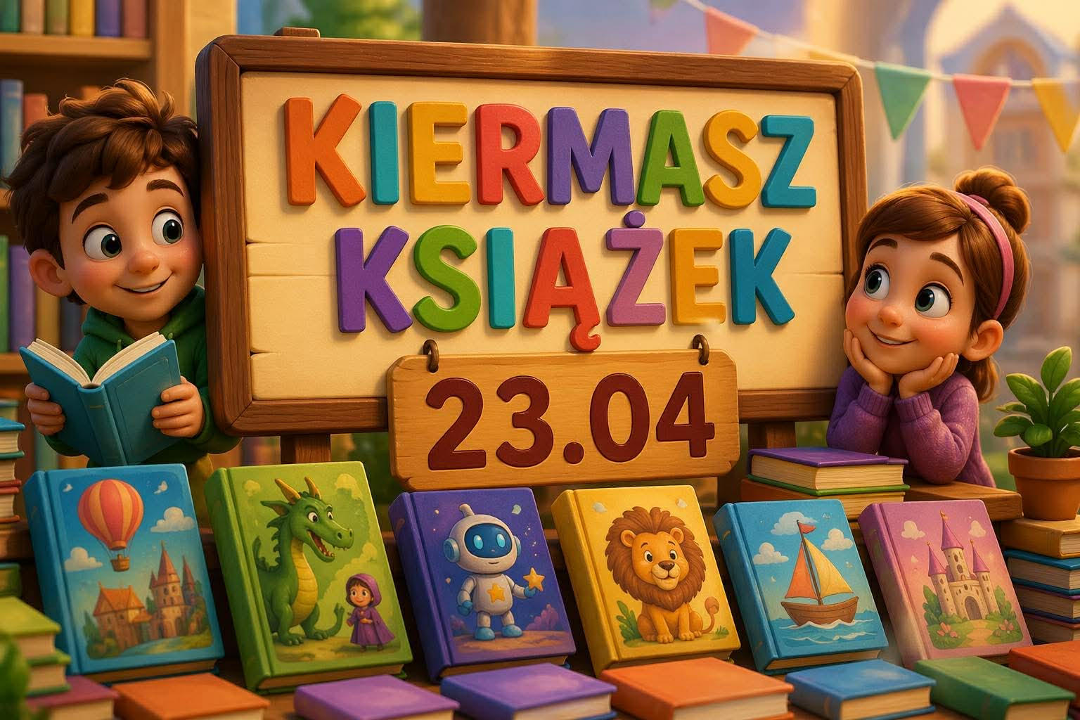 Kolorowa grafika (plakat) informująca o kiermaszu książek.
