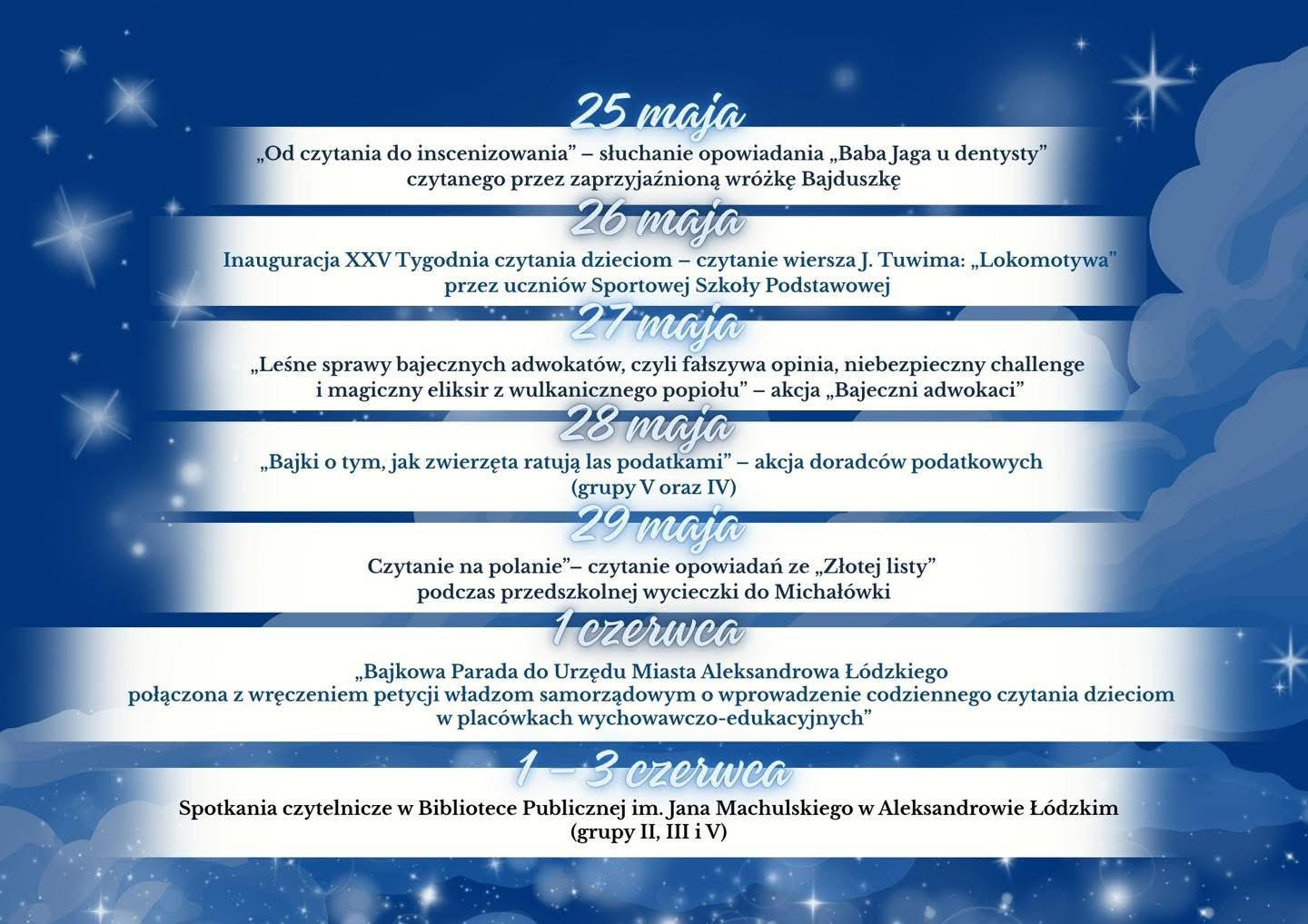 Szczegółowy harmonogram w postaci kolorowego plakatu.