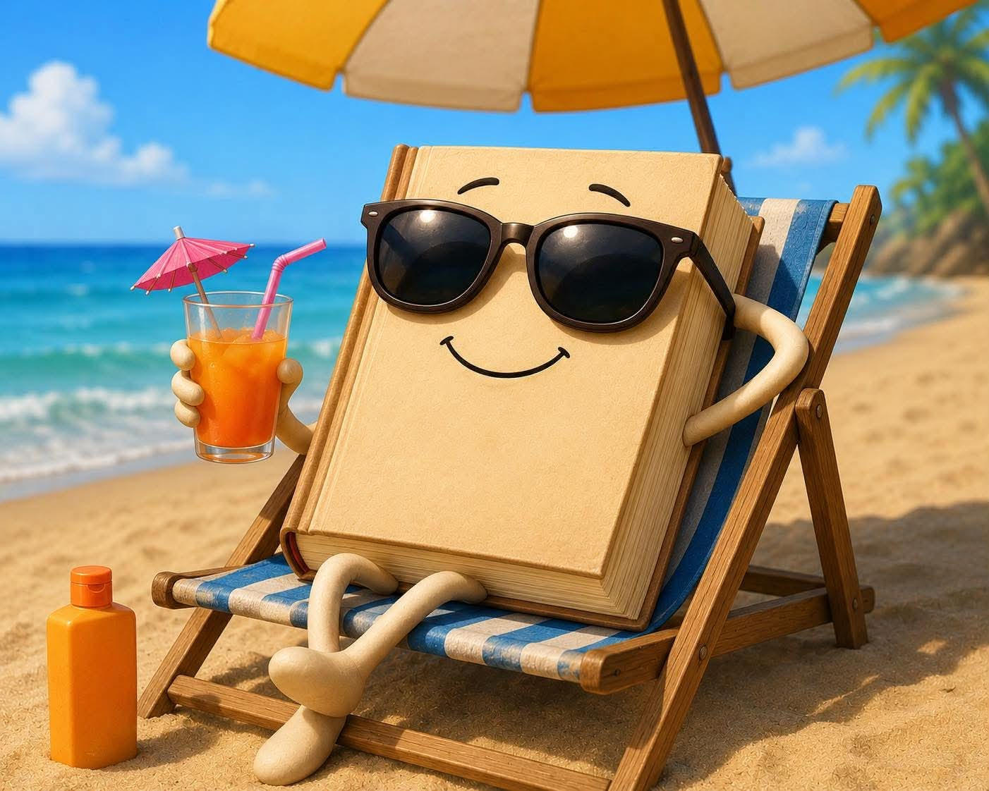 Kolorowa grafika przedstawiająca książkę na plaży.