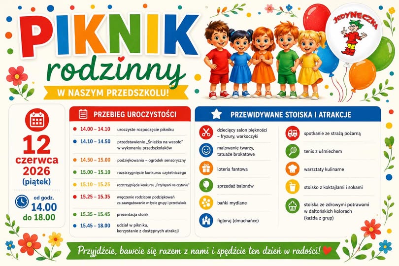 Plakat z dokładnym harmonogramem Pikniku.