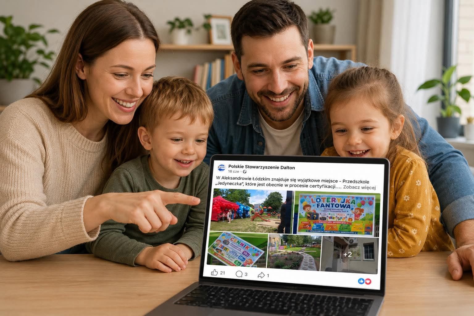 Rodzina z dw&oacute;jką małych dzieci siedzi razem przy stole i uśmiecha się, patrząc na otwarty laptop, na kt&oacute;rego ekranie widoczny jest post z wydarzenia przedszkolnego.