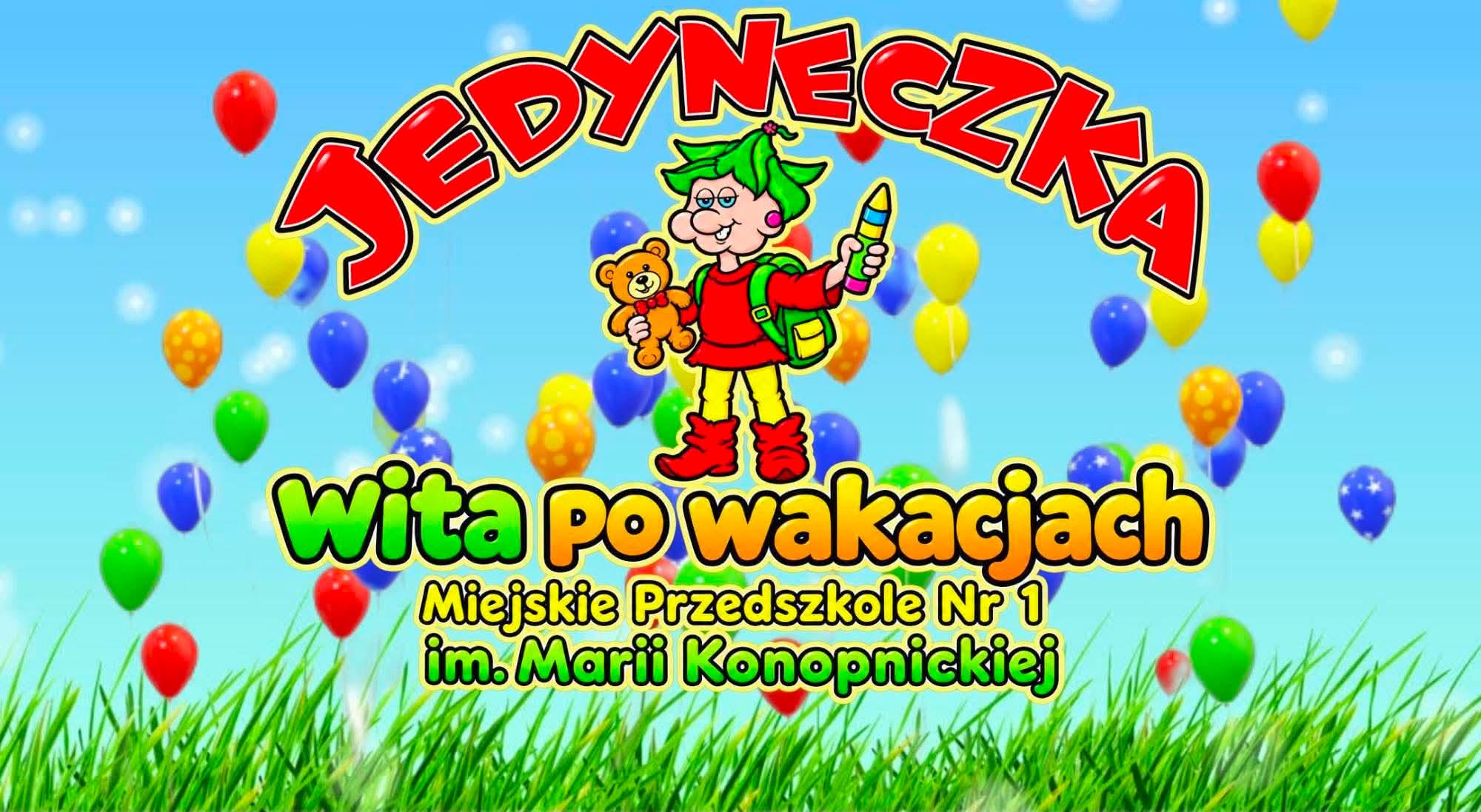 Kolorowe logo krasnoludka, zielona trawa i kolorowe baloniki.
