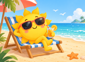 Kolorowa, wakacyjna ilustracja przedstawiająca uśmiechnięte słoneczko odpoczywające na leżaku na plaży. Słoneczko ma okulary przeciwsłoneczne i trzyma w dłoni szklankę soku pomarańczowego ze