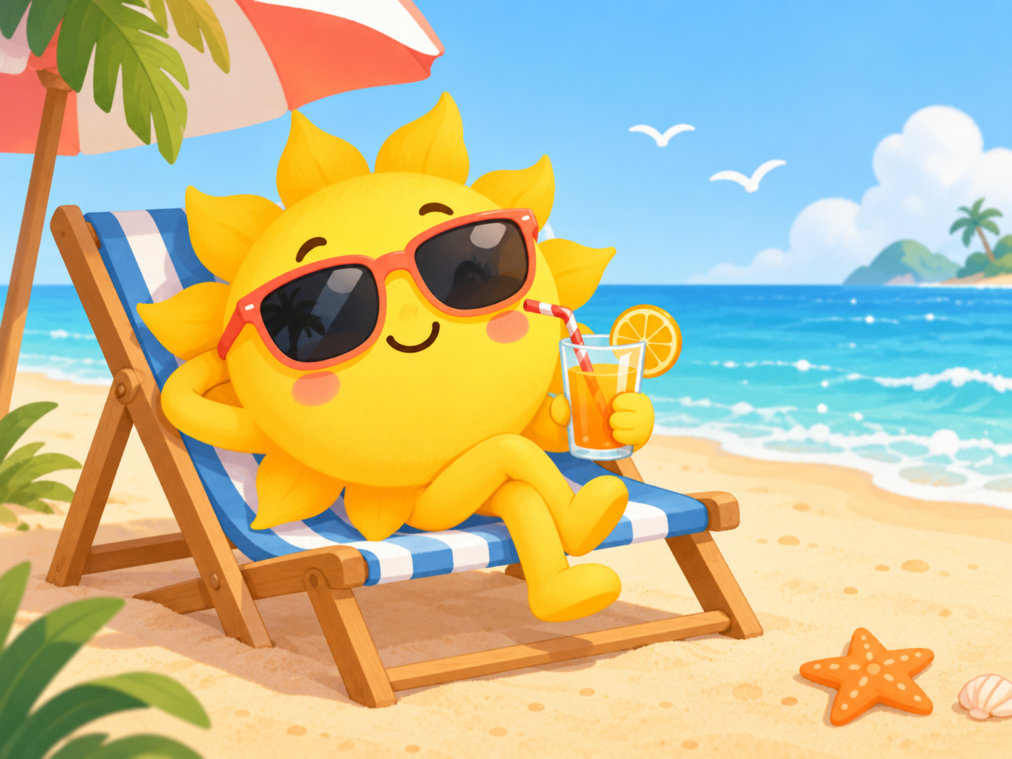 Kolorowa, wakacyjna ilustracja przedstawiająca uśmiechnięte słoneczko odpoczywające na leżaku na plaży. Słoneczko ma okulary przeciwsłoneczne i trzyma w dłoni szklankę soku pomarańczowego ze słomką i plasterkiem pomarańczy. W tle widać morze, błękitne niebo, chmury i fragment plażowego parasola.