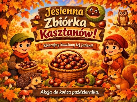 Jesienny plakat w ciepłych, pomarańczowo-brązowych kolorach. W centrum znajduje się duży kosz wypełniony kasztanami. Po bokach stoją dwoje uśmiechniętych dzieci trzymających kasztany. W dolnej części widoczne są jeż, wiewiórka, grzyby i rozsypane liście. W prawym górnym rogu siedzi sowa, a nad napisem znajduje się uśmiechnięty kasztan. Na drewnianej tablicy umieszczono napis: "Jesienna Zbiórka Kasztanów! Zbierajmy kasztany tej jesieni!". Na dole plakatu widnieje informacja: "Akcja do końca października."