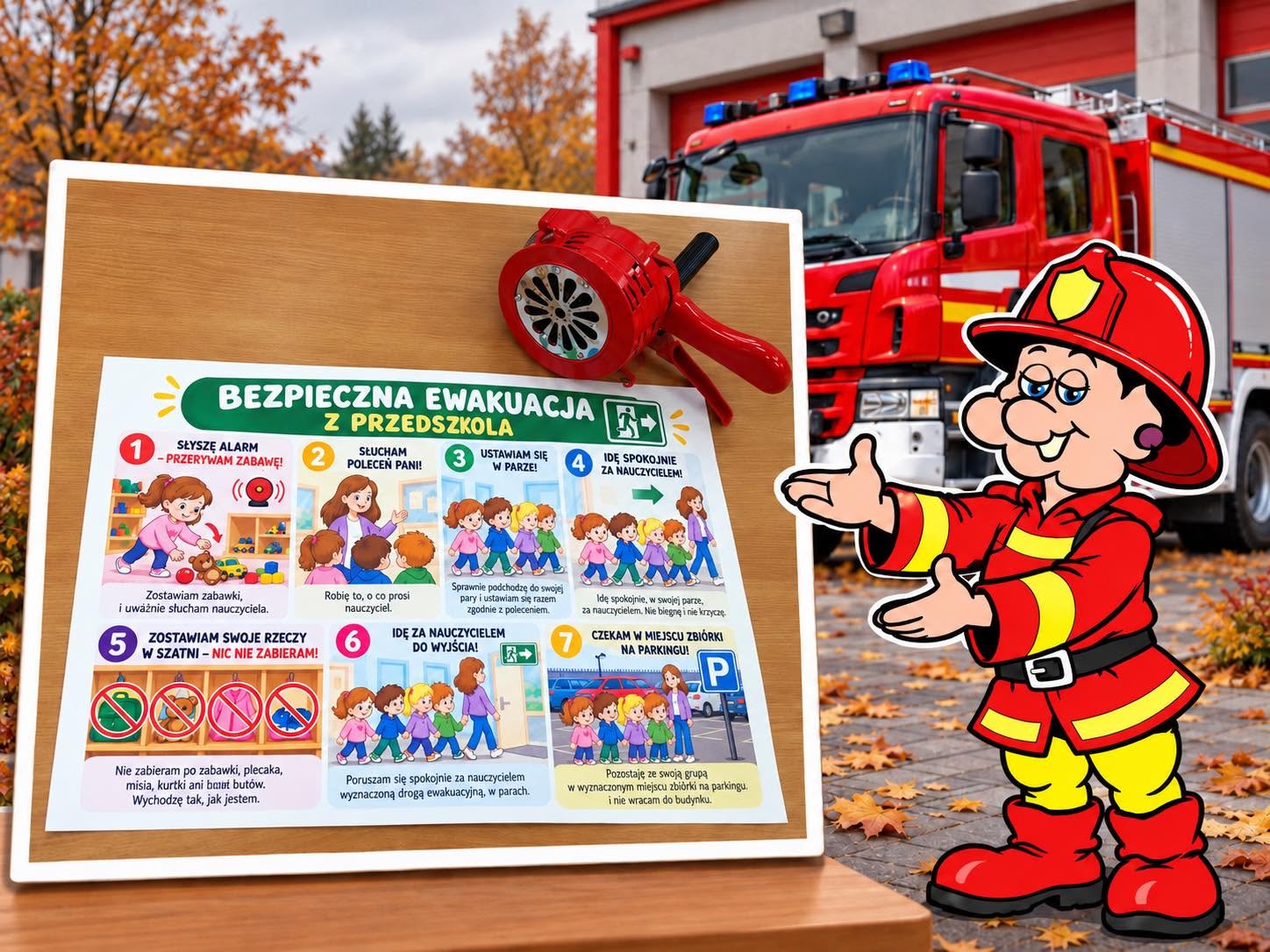 Grafika przedstawia plakat "Bezpieczna ewakuacja z przedszkola" z siedmioma zasadami postępowania podczas alarmu. Obok stoi uśmiechnięty krasnal w stroju strażaka, a w tle widoczny jest czer