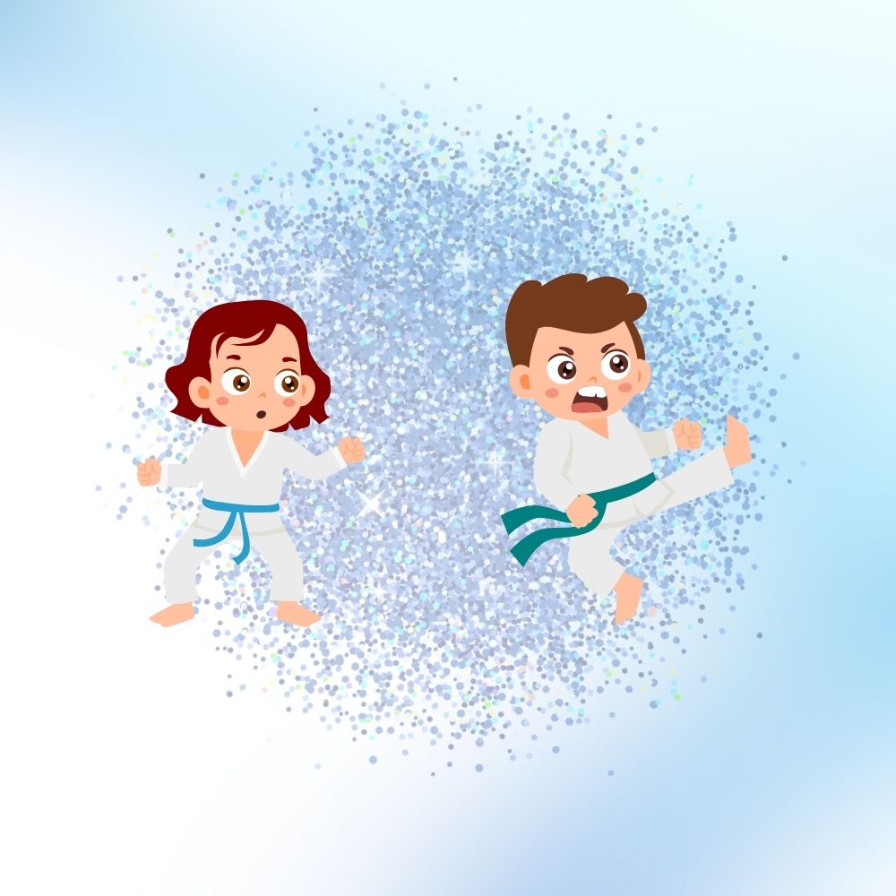 Kolorowy obrazek - dwójka dzieci ćwicząca karate.