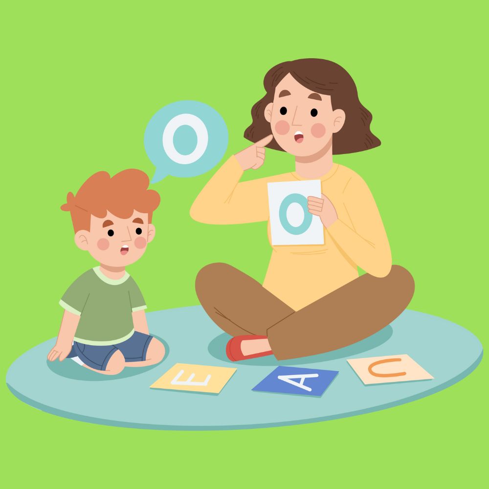 Obrazek przedstawiający panią logopedkę i dziecko na dywanie.