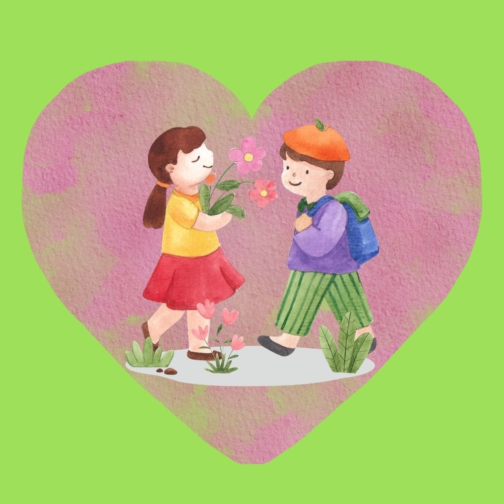 Dzieci z kwiatami na tle różowego serca.
