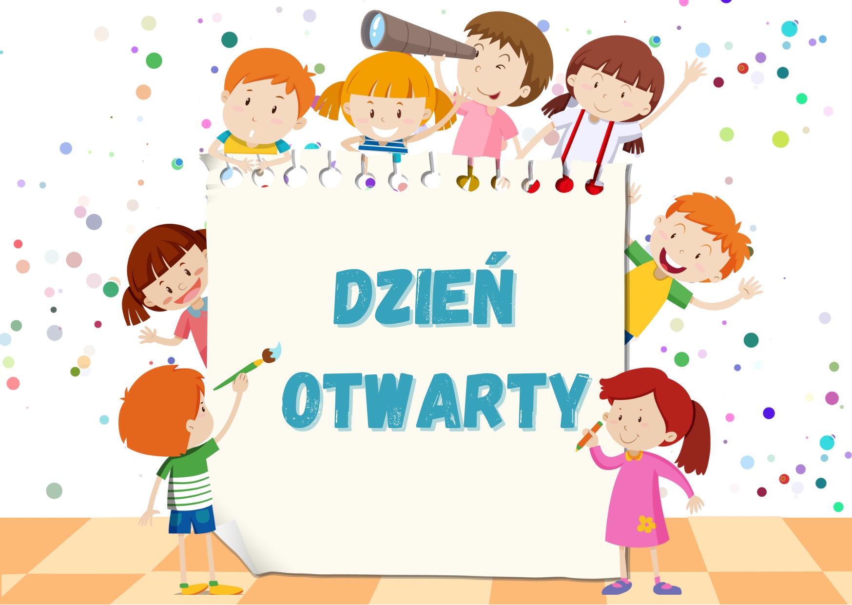 Kolorowa grafika przedstawiająca dzieci w przedszkolu i napis „dzień otwarty”.