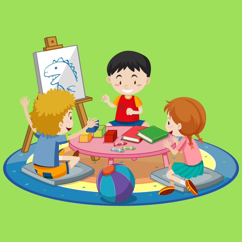 Rysunek przedstawiający dzieci bawiące się na dywanie.