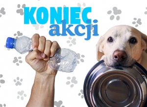 Kolorowa grafika przedstawiająca rękę, która zgniata plastikową butelkę, a także psa, który trzyma w zębach metalową miskę.