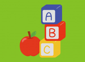 Kolorowa grafika przedstawiająca trzy klocki (z literami: A, B, C) oraz czerwone jabłko.