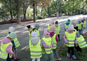 Przedszkolaki zbierają w parku kasztany.