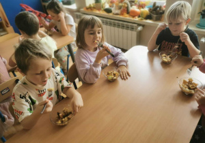 Grupa dzieci je wykonaną przez siebie sałatkę owocową.