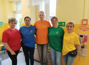 Pięć pań w kolorowych podkoszulkach.