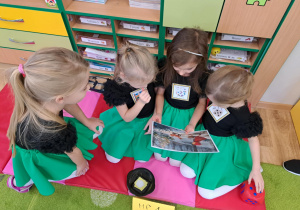 Cztery dziewczynki patrzą na ilustrację z bajki.