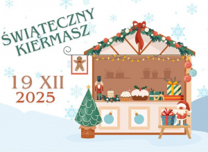 Kolorowa grafika przedstawiająca świąteczny kramik wraz z napisem "Świąteczny Kiermasz" i datą - 19 XII 2025 r.