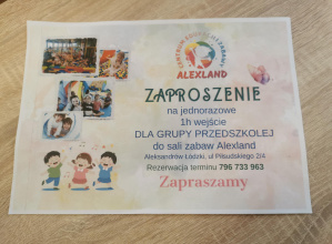 Zaproszenie dla grupy przedszkolnej do sali zabaw Alexland.