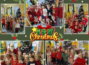 Kolorowa pocztówka składająca się z pięciu zdjęć, przedstawiających dzieci pozujące do fotografii z Mikołajem na tle choinki. Pośrodku pocztówki znajduje się duży napis: „Merry Christmas”.