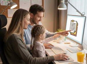 Rodzice i dziecko przy komputerze.