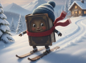 Kolorowa grafika przedstawiająca książkę zjeżdżającą zimą na nartach.