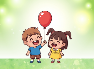 Kolorowa grafika przedstawiająca dwoje dzieci (chłopca i dziewczynkę) oraz czerwony balonik.