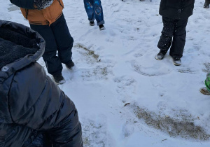 Grupa dzieci lepi kulki ze śniegu.