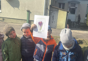 Chłopiec pokazuje ilustrację z kwiatkiem, który odnalazł w ogrodzie