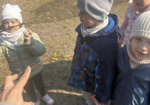 Dzieci wypatrują w ogrodzie pierwszych roślin.