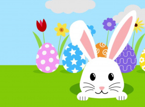 Kolorowa grafika przedstawiająca zajączka wielkanocnego i pisanki.