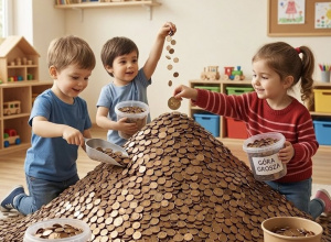 Dzieci dorzucające monety na wielką stertę groszy.