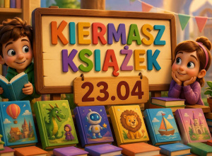 Kolorowa grafika (plakat) informująca o kiermaszu książek.