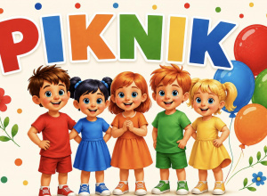 Kolorowa grafika przedstawiająca dzieci w kolorowych ubraniach, balony i napis "Piknik".