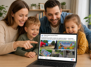 Rodzina z dwójką małych dzieci siedzi razem przy stole i uśmiecha się, patrząc na otwarty laptop, na którego ekranie widoczny jest post z wydarzenia przedszkolnego.
