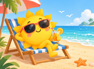 Kolorowa, wakacyjna ilustracja przedstawiająca uśmiechnięte słoneczko odpoczywające na leżaku na plaży. Słoneczko ma okulary przeciwsłoneczne i trzyma w dłoni szklankę soku pomarańczowego ze