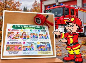 Grafika przedstawia plakat "Bezpieczna ewakuacja z przedszkola" z siedmioma zasadami postępowania podczas alarmu. Obok stoi uśmiechnięty krasnal w stroju strażaka, a w tle widoczny jest czer