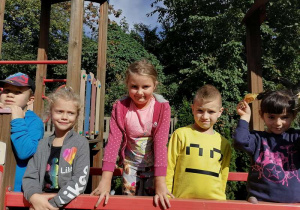 Chłopcy i dziewczynki na tzw. „Zamku” w trakcie zabaw w ogrodzie przedszkolnym.