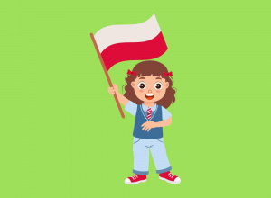 Grafika przedstawiająca dziewczynkę trzymającą flagę Polski.