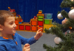 Chłopiec wiesza ozdobę świąteczną na gałązce choinki.